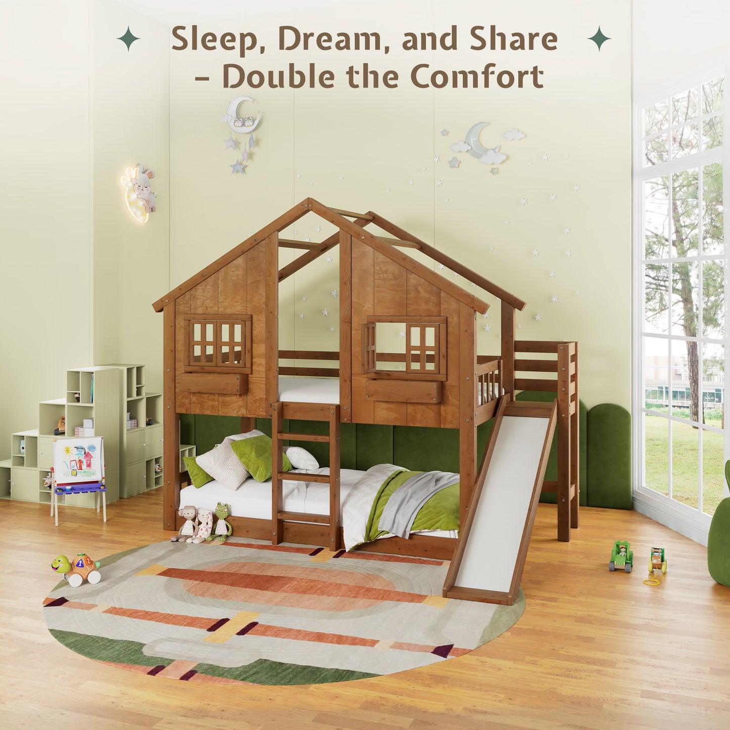 Jocisland House Bunk Bed with Slide and Ladder, Solid Wood Frame, Window Box Shelf, 14" Guardrail, Underbed Area for Mattress or Play