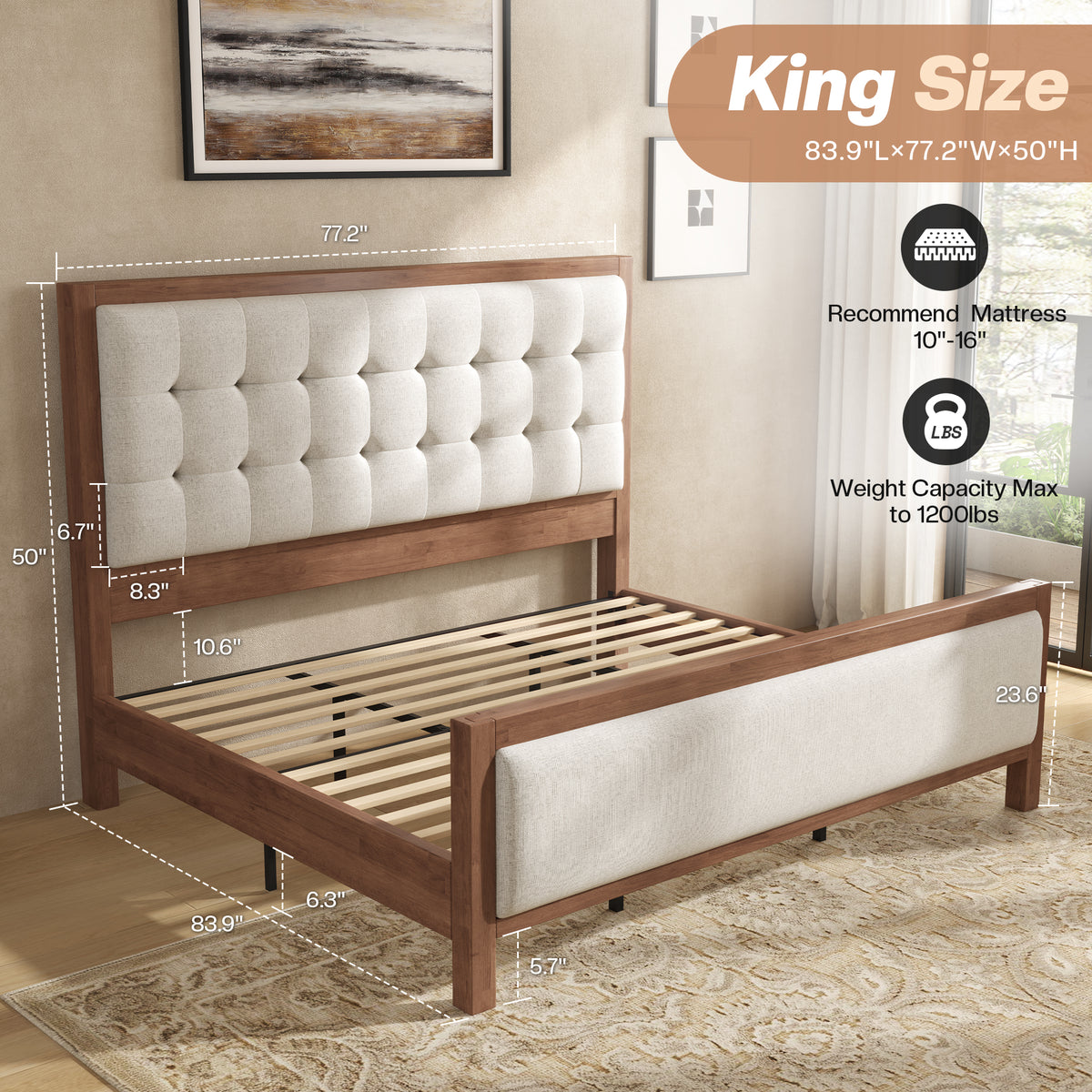 Jocisland Solid Wood Bed Frame 50" Tall Headboard&Footboard | Linen Upholstered Headboard，Mid-Century Modern Style，Noise-Free Sleep，No Box Spring Needed，Easy Assembly 45mins