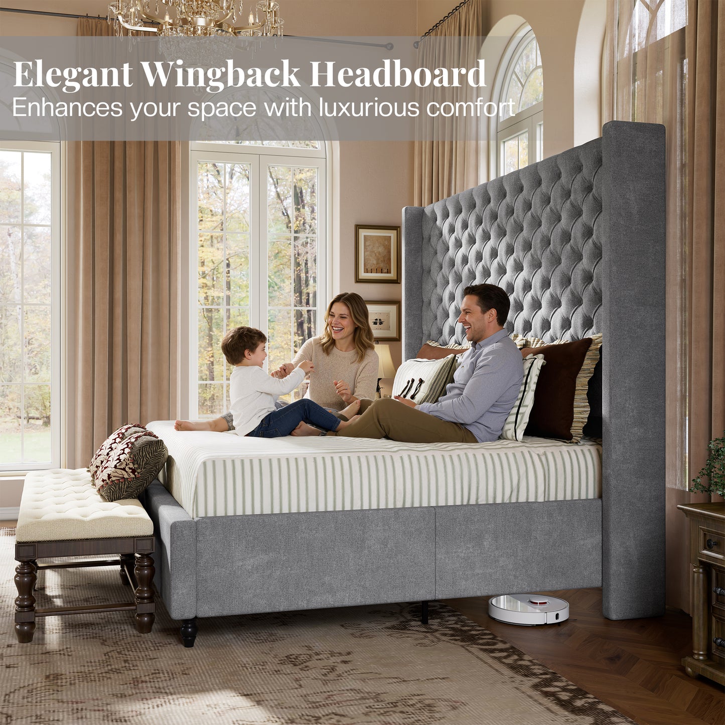 Jocisland Bed Frame with Tall Headboard, Upholstered Wingback Platform Design, Handcrafted Pleats & Deep Button Tufted, Solid Wood Legs, No Box Spring Needed