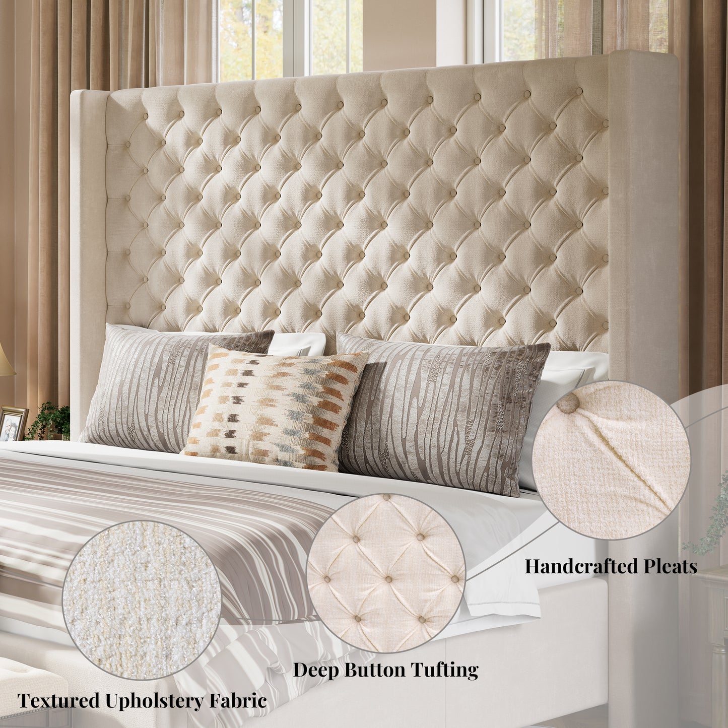 Jocisland Bed Frame with Tall Headboard, Upholstered Wingback Platform Design, Handcrafted Pleats & Deep Button Tufted, Solid Wood Legs, No Box Spring Needed