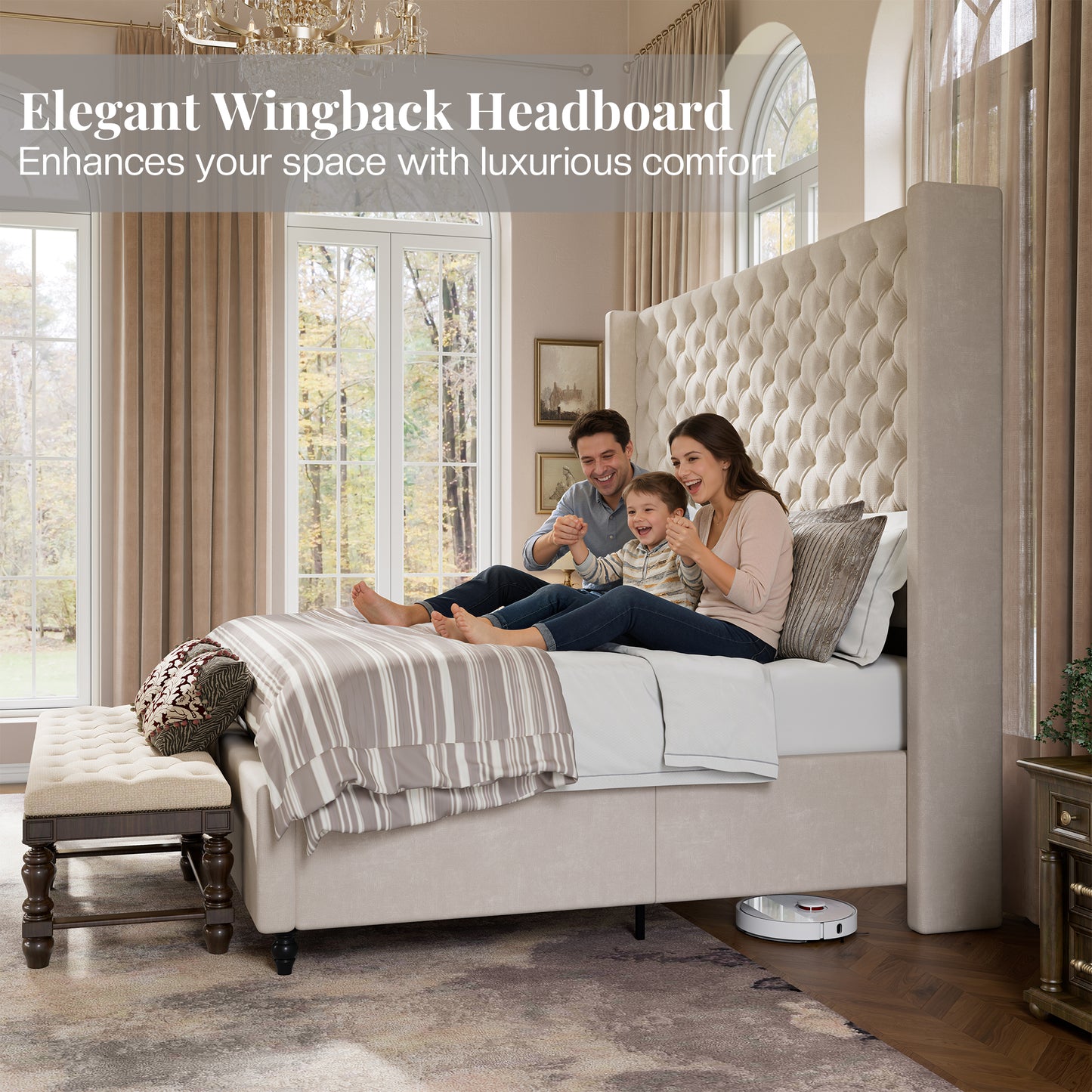 Jocisland Bed Frame with Tall Headboard, Upholstered Wingback Platform Design, Handcrafted Pleats & Deep Button Tufted, Solid Wood Legs, No Box Spring Needed