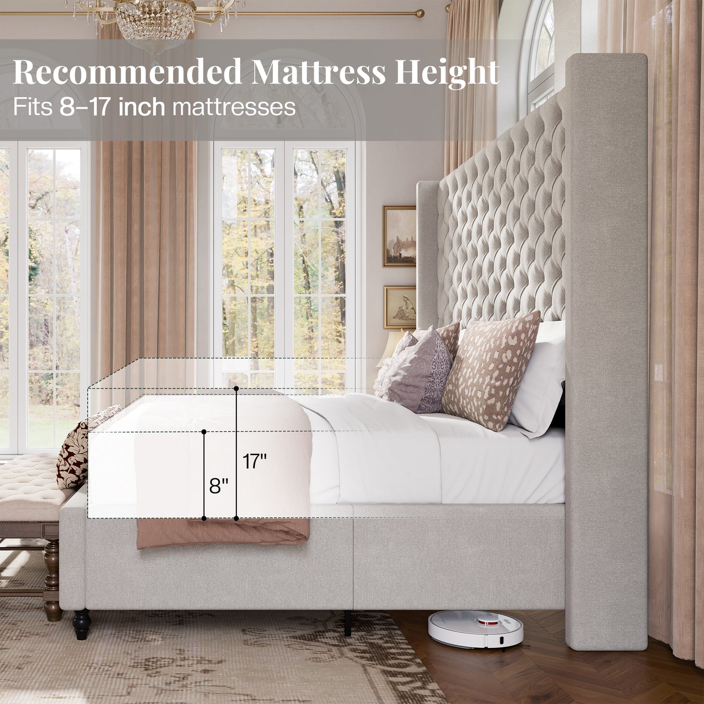 Jocisland Bed Frame with Tall Headboard, Upholstered Wingback Platform Design, Handcrafted Pleats & Deep Button Tufted, Solid Wood Legs, No Box Spring Needed