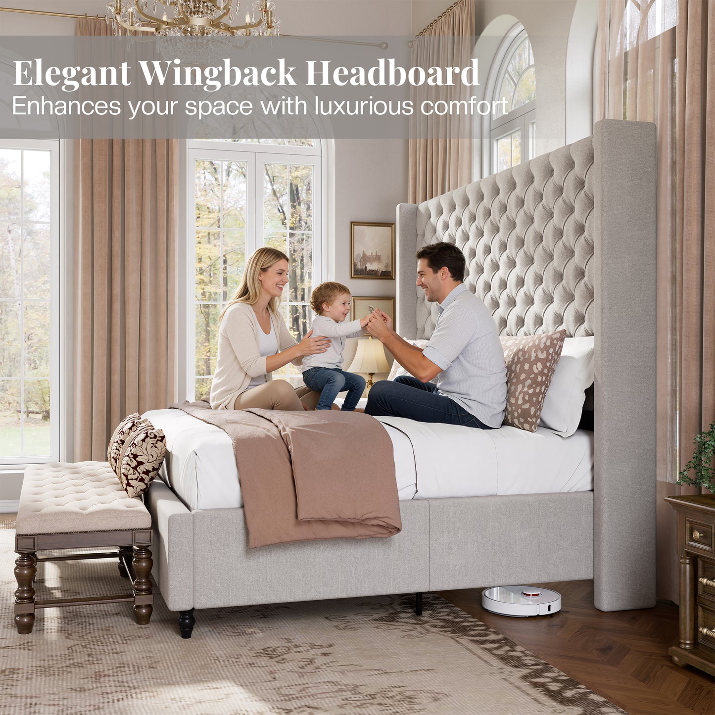 Jocisland Bed Frame with Tall Headboard, Upholstered Wingback Platform Design, Handcrafted Pleats & Deep Button Tufted, Solid Wood Legs, No Box Spring Needed