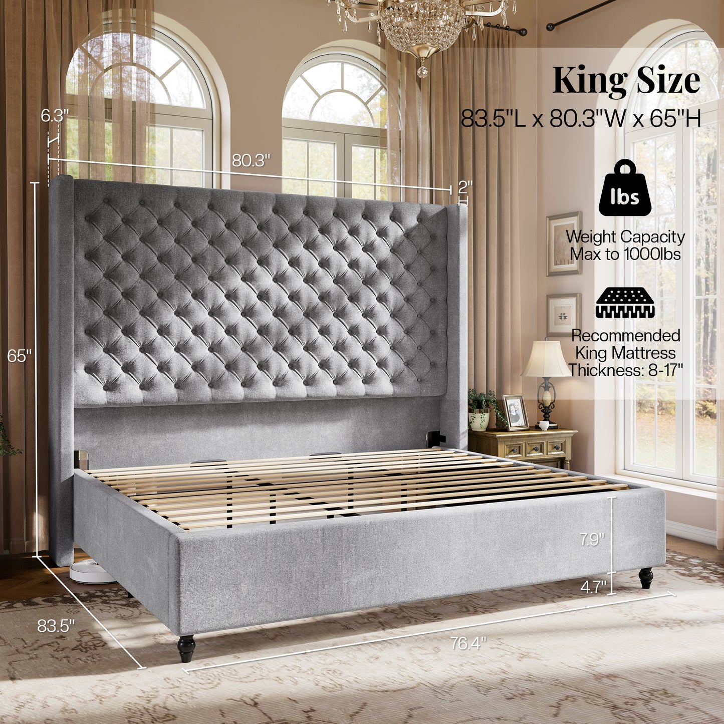 Jocisland Bed Frame with Tall Headboard, Upholstered Wingback Platform Design, Handcrafted Pleats & Deep Button Tufted, Solid Wood Legs, No Box Spring Needed