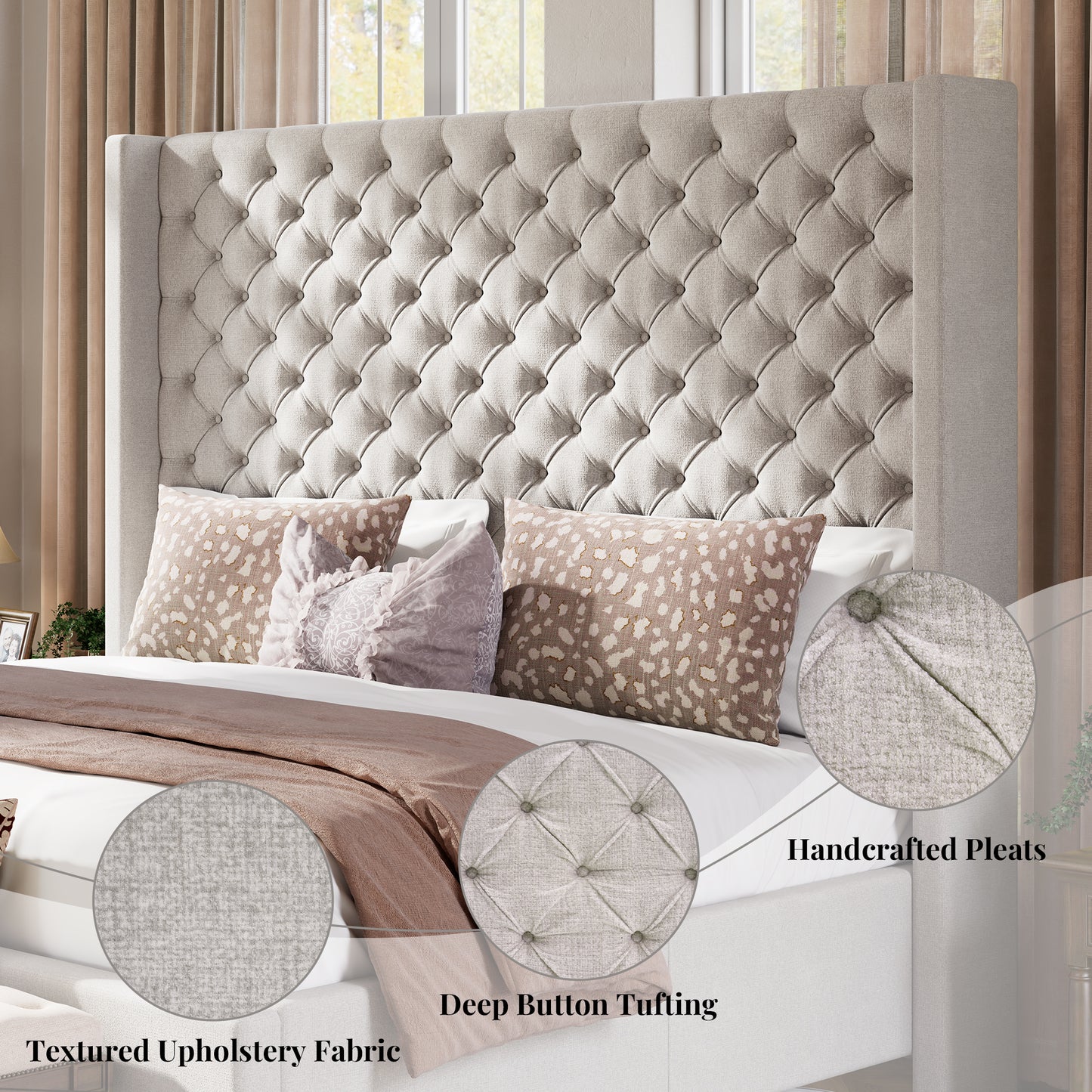Jocisland Bed Frame with Tall Headboard, Upholstered Wingback Platform Design, Handcrafted Pleats & Deep Button Tufted, Solid Wood Legs, No Box Spring Needed