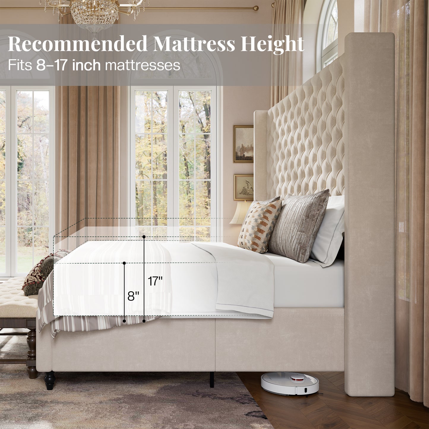 Jocisland Bed Frame with Tall Headboard, Upholstered Wingback Platform Design, Handcrafted Pleats & Deep Button Tufted, Solid Wood Legs, No Box Spring Needed