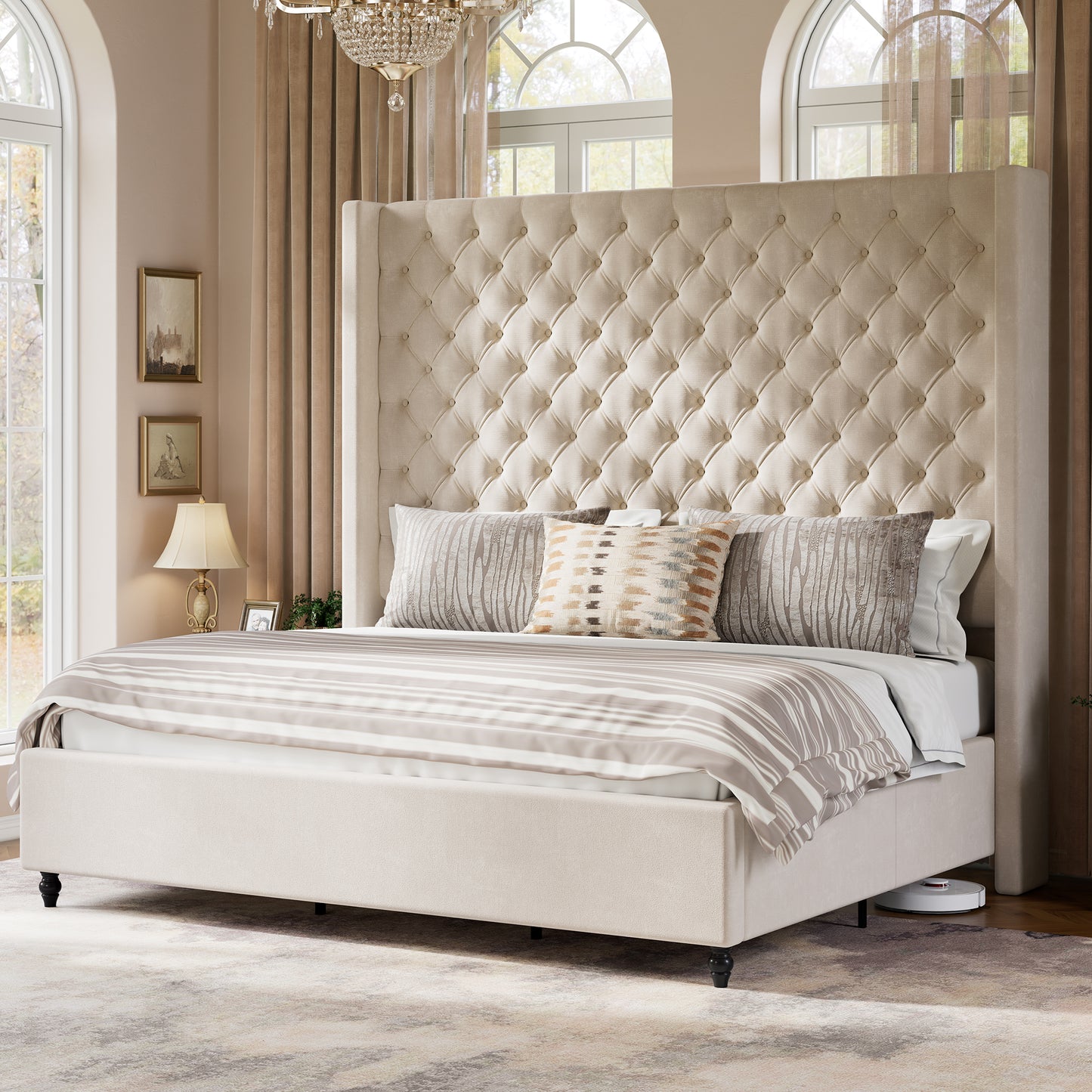 Jocisland Bed Frame with Tall Headboard, Upholstered Wingback Platform Design, Handcrafted Pleats & Deep Button Tufted, Solid Wood Legs, No Box Spring Needed