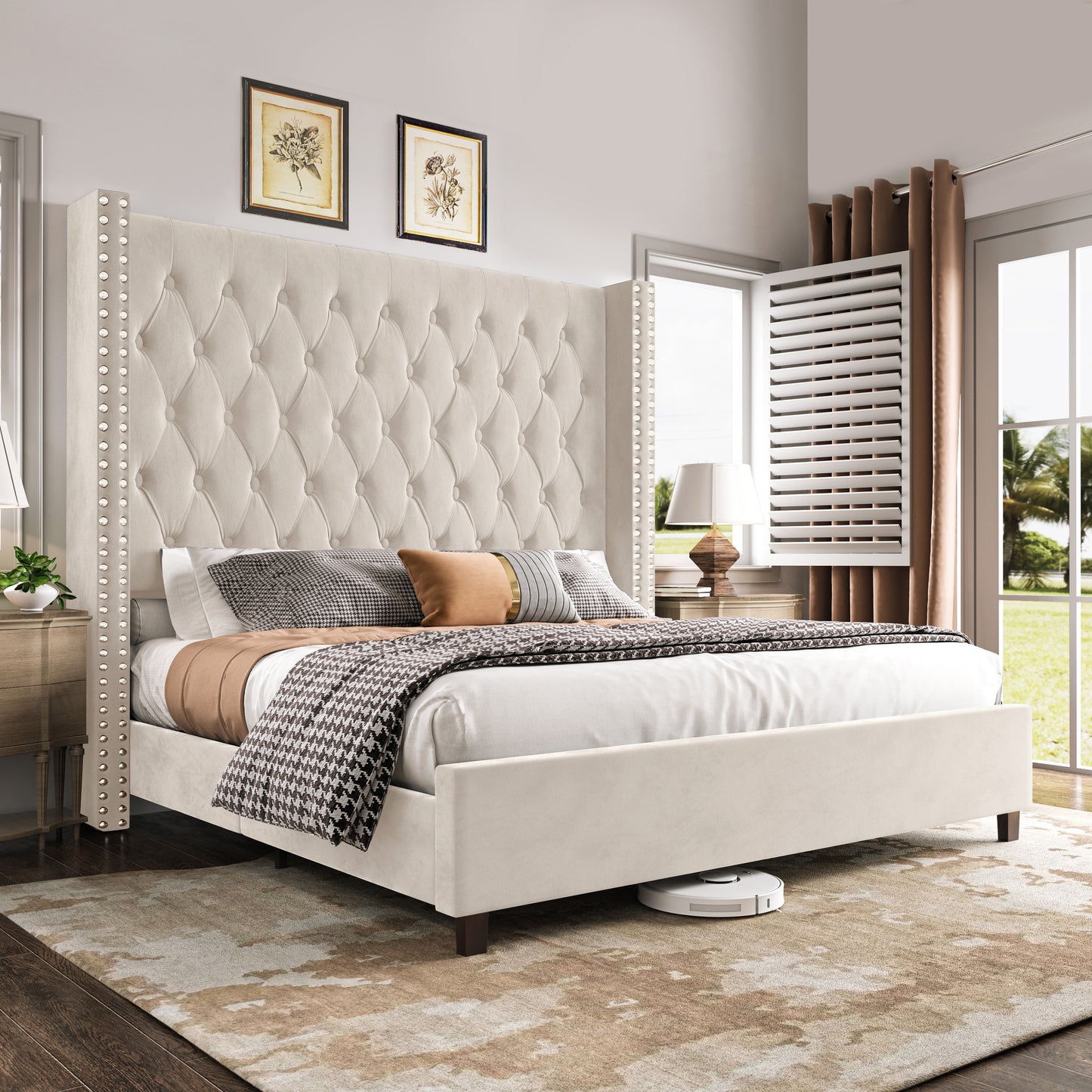 PaPaJet King Size Bed Frame with 61.4" Tall Headboard, Velvet Upholstered Platform and Handmade Deep Button Tufting, No Box Spring Required, Cream