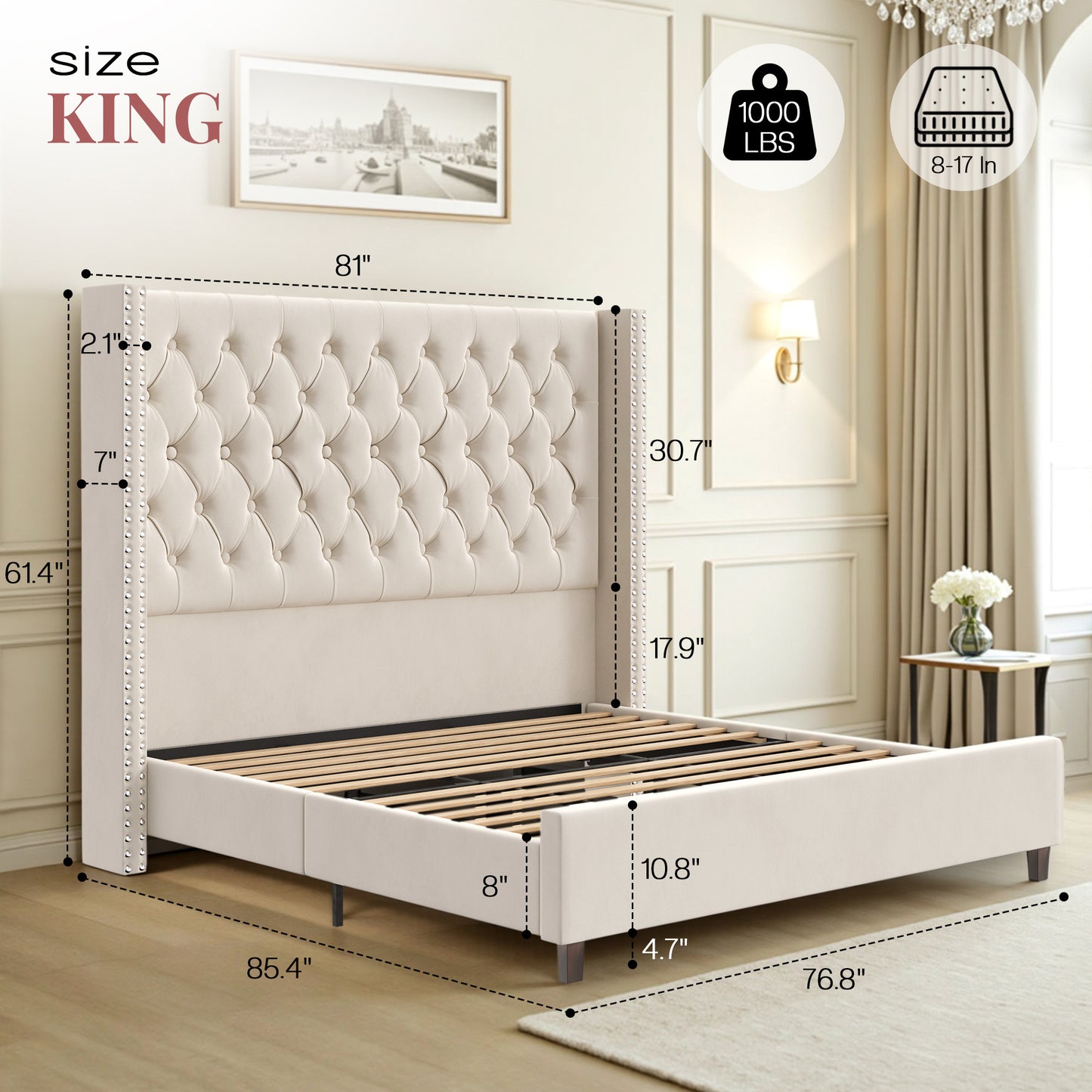 PaPaJet King Size Bed Frame with 61.4" Tall Headboard, Velvet Upholstered Platform and Handmade Deep Button Tufting, No Box Spring Required, Cream