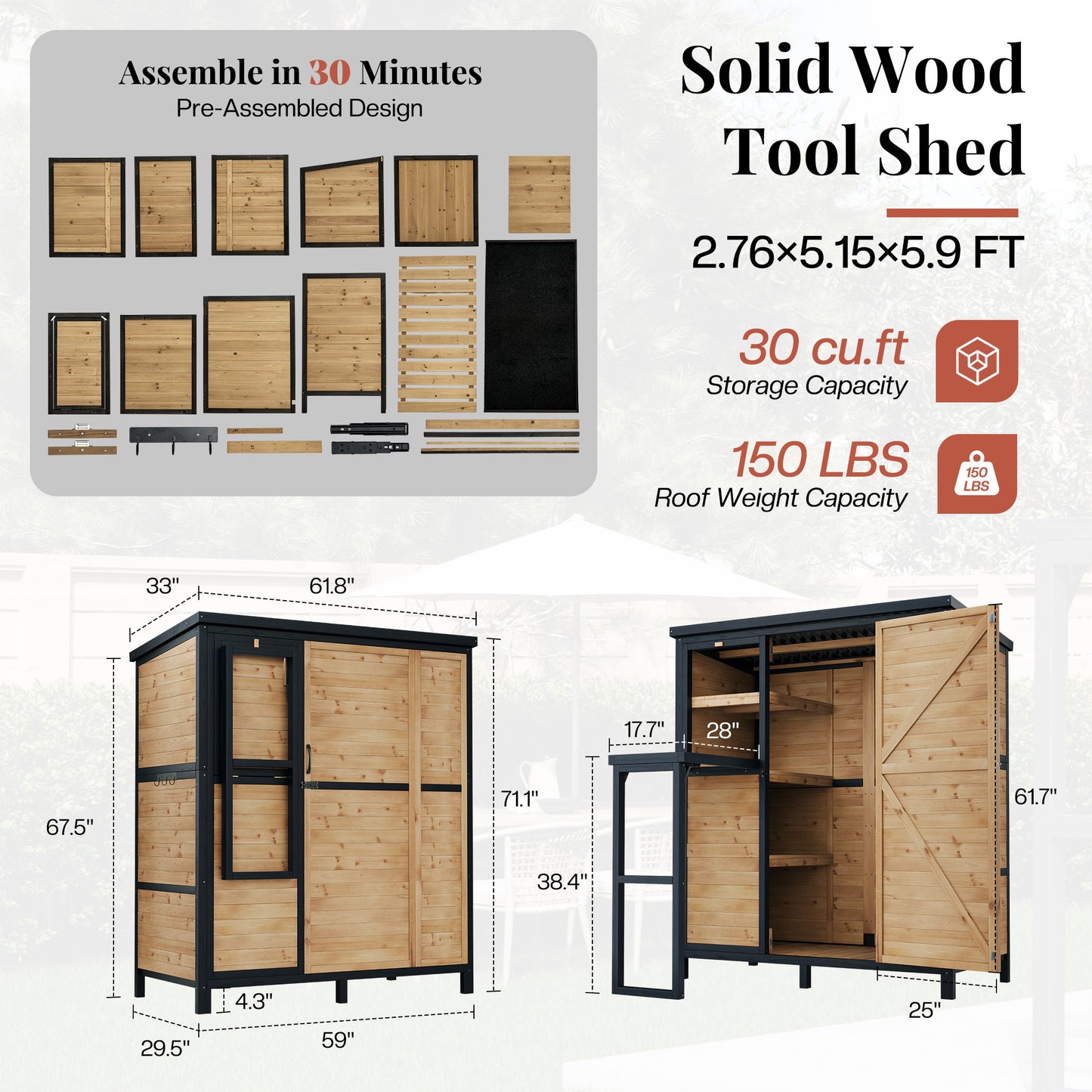 Jocisland Solid Fir Wood Outdoor Storage Shed,Garden Tool Shed with Foldable Workbench, Adjustable Shelves,Sloping Roof,Weatherproof Utility Cabinet for Backyard,Patio&Lawn, Poolside,2.76x5.15x5.9 FT