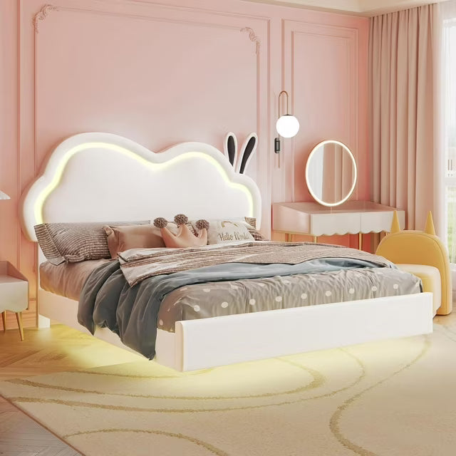 papajet Floating Bed Frame with Adjustable LED Headboard, Cute Leather Upholstered Platform Bed Frame with Wood Slats Support, Easy Assembly, No Box Spring Needed