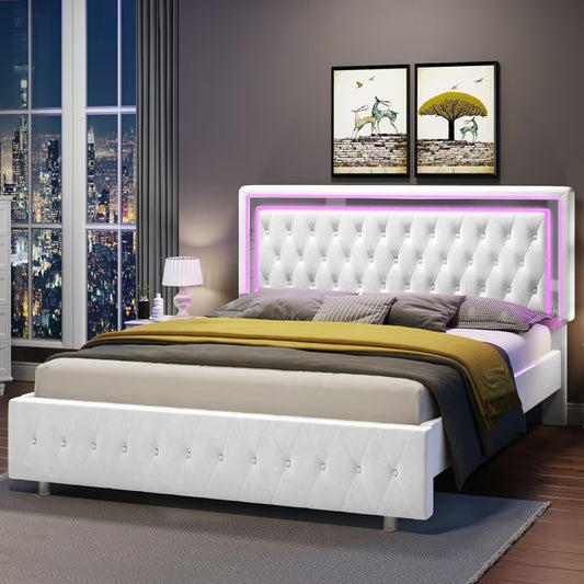 papajet Bed Frame with Led Lights Headboard, Acrylic Mirror Accents, No Box Spring Needed
