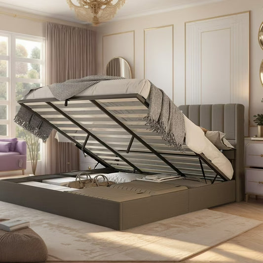papajet Lift Up Storage Bed, Linen Upholstered Platform Bed with Vertical Channel Tufted Headboard and Wingback, Hydraulic System, No Box Spring Needed, Wood Slats Support