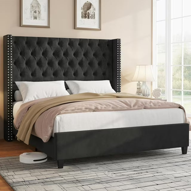 amerlife Bed Frame with Deep Button Tufted and Velvet Wingback Headboard,No Box Spring Needed