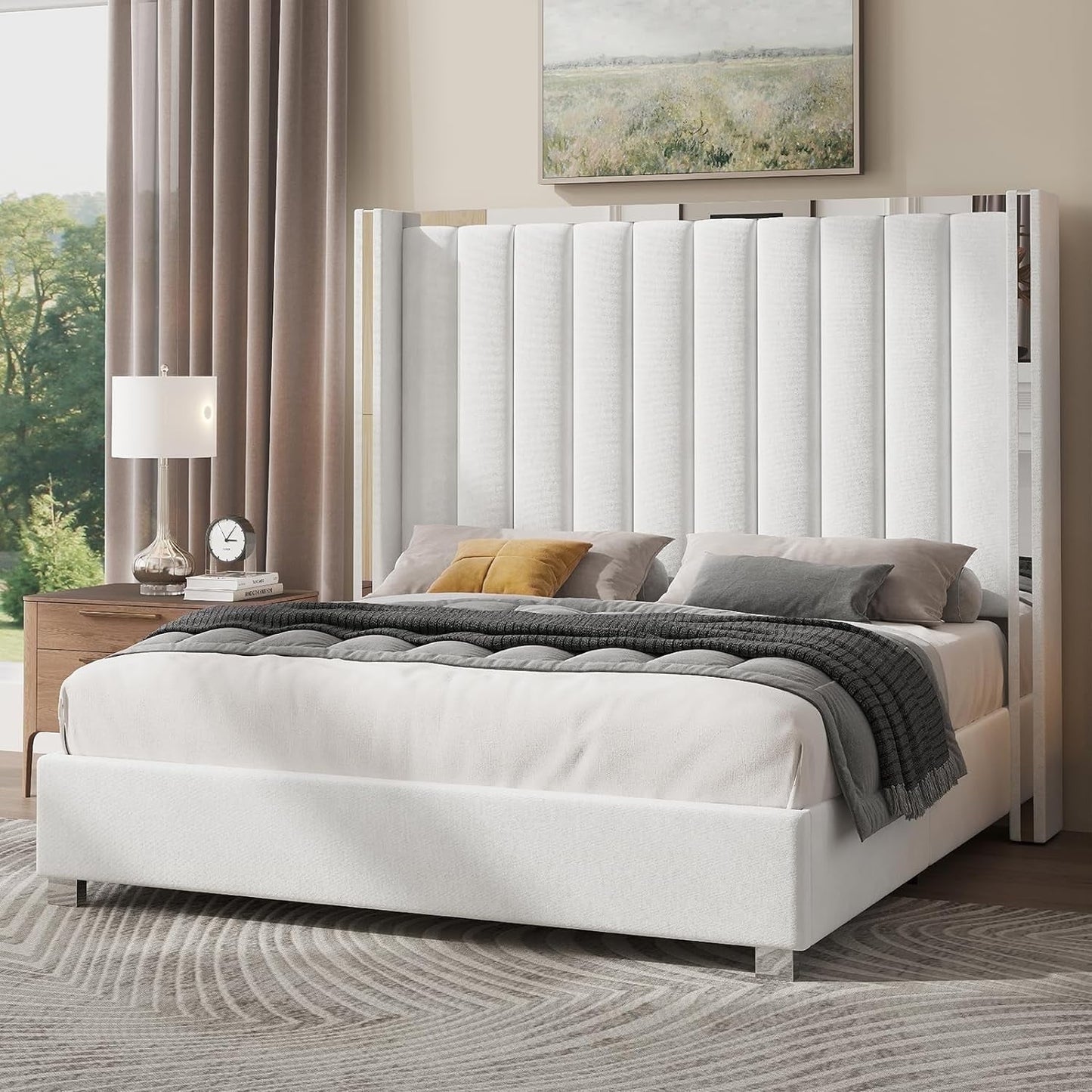Papajet Bed Frame with 58" Tall Headboard, Velvet Upholstered Platform bed with Channel Tufted Wingback Headboard and Plating Trim