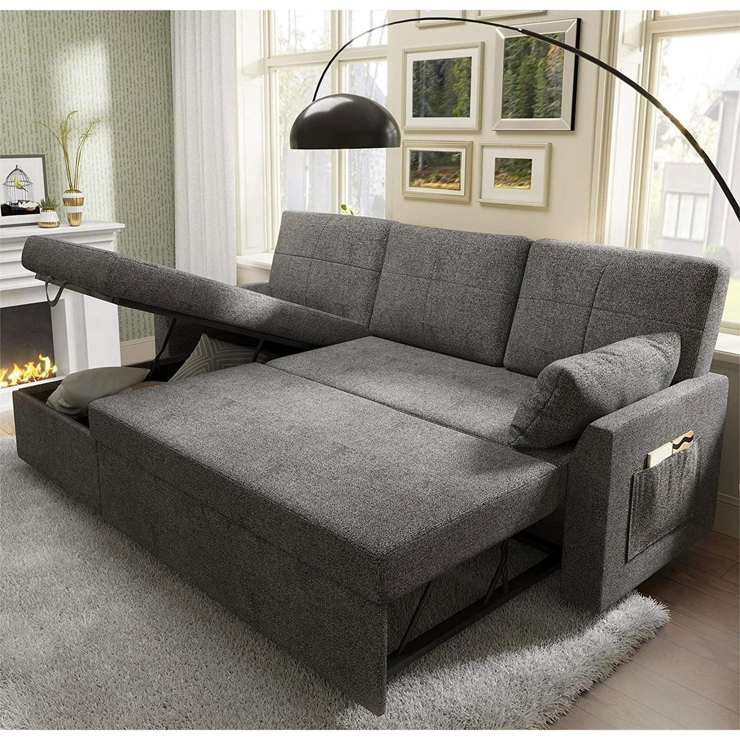papajet Sleeper Sofa, 2 in 1 Pull Out Couch Sofa with Storage Chaise for Home Office