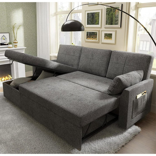 papajet Sleeper Sofa, 2 in 1 Pull Out Couch Sofa with Storage Chaise for Home Office
