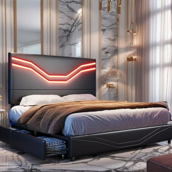 Papajet Twin Size Bed Frame with LED Lights and Storage Drawers, Adjustable Leather Upholstered Headboard, No Box Spring Needed, Platform Bed for Smart Bedroom Decor, Black