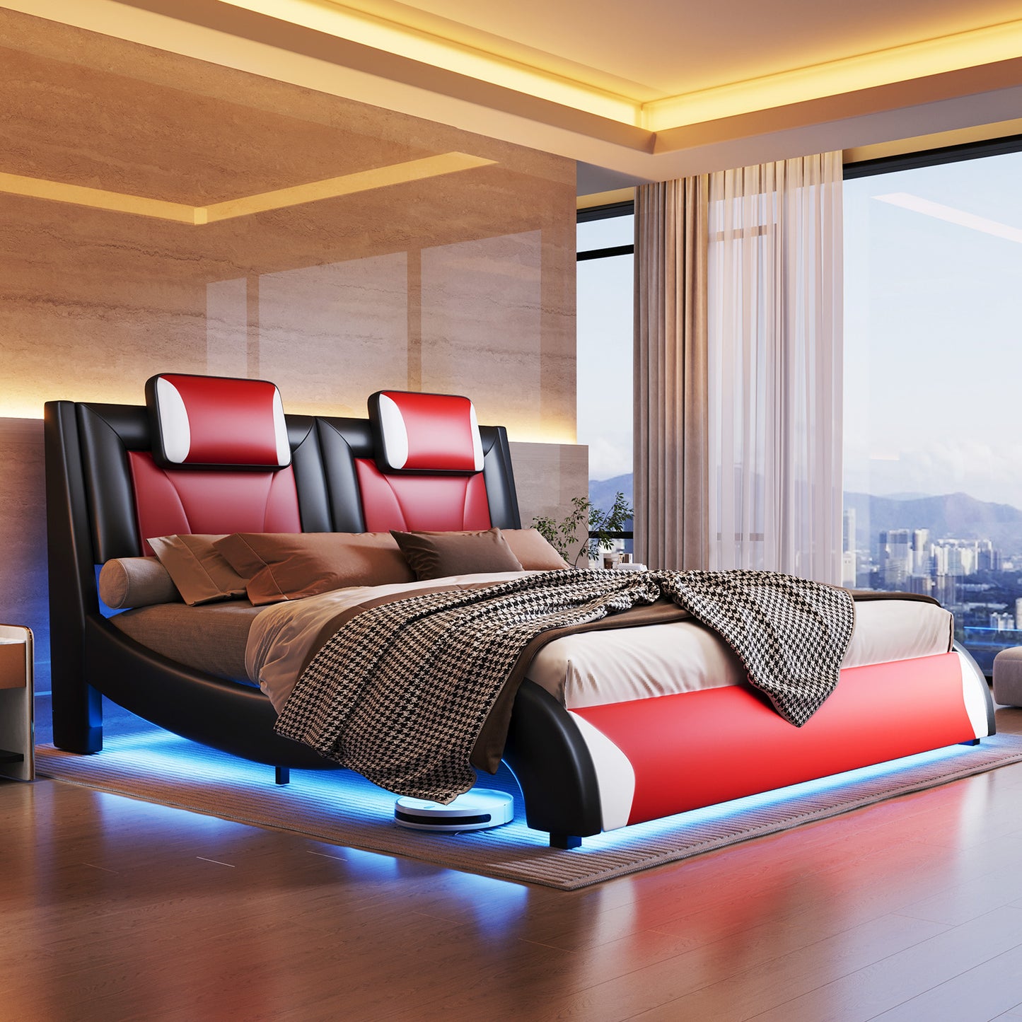 Floating Bed Frame With LED Lights, Modern Faux Leather Upholstered Platform Bed