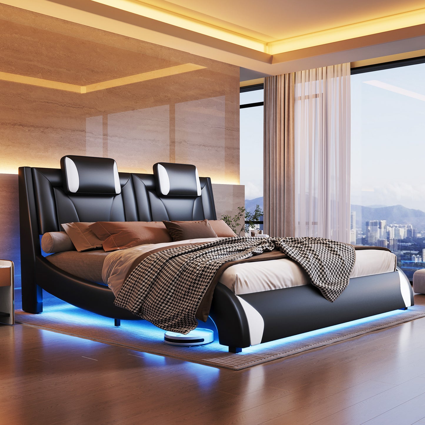 Floating Bed Frame With LED Lights, Modern Faux Leather Upholstered Platform Bed