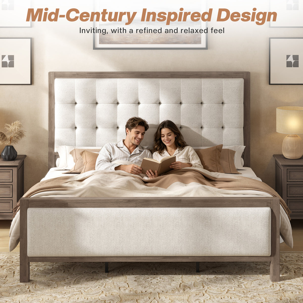 Jocisland Solid Wood Bed Frame 50" Tall Headboard&Footboard | Linen Upholstered Headboard，Mid-Century Modern Style，Noise-Free Sleep，No Box Spring Needed，Easy Assembly 45mins