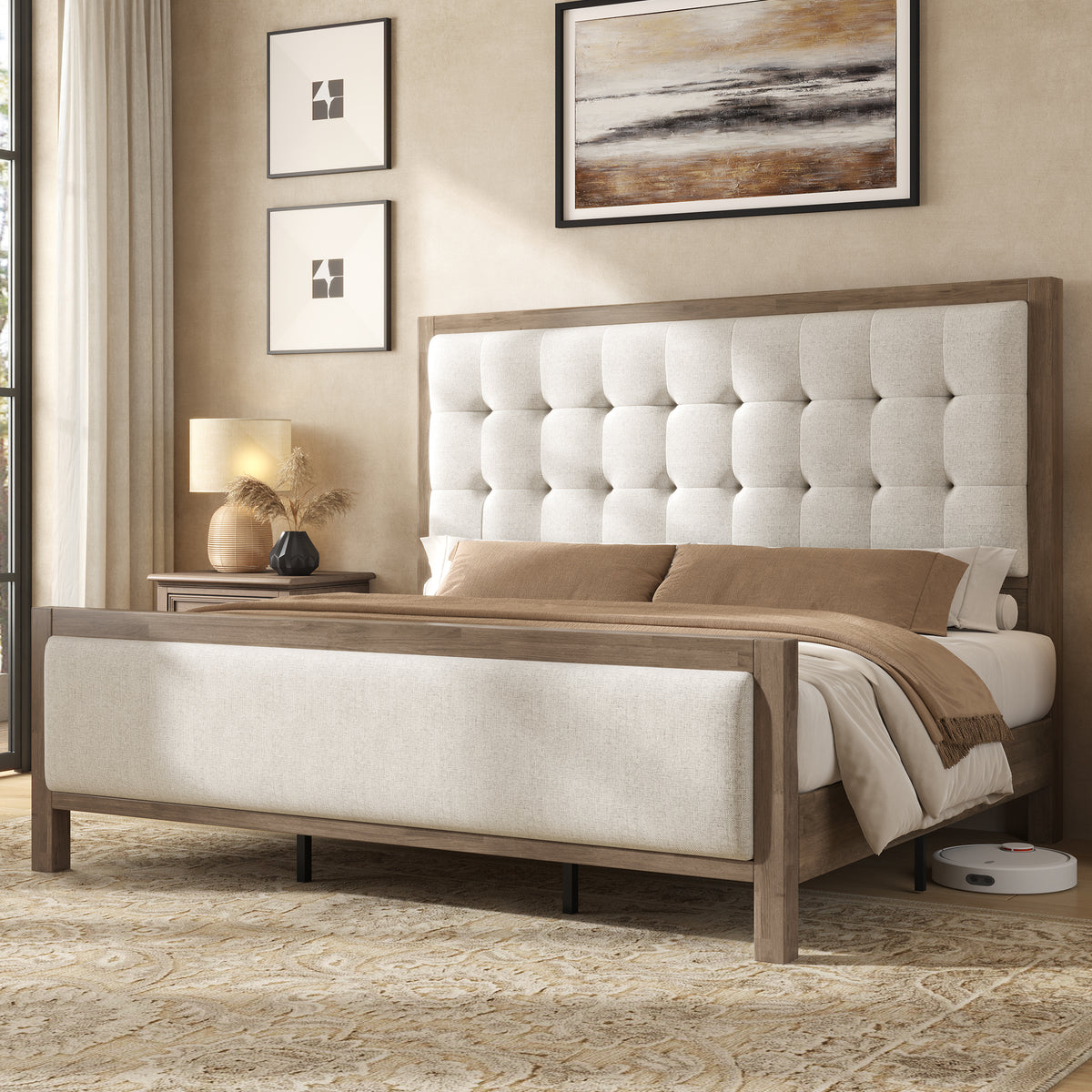 Jocisland Solid Wood Bed Frame 50" Tall Headboard&Footboard | Linen Upholstered Headboard，Mid-Century Modern Style，Noise-Free Sleep，No Box Spring Needed，Easy Assembly 45mins