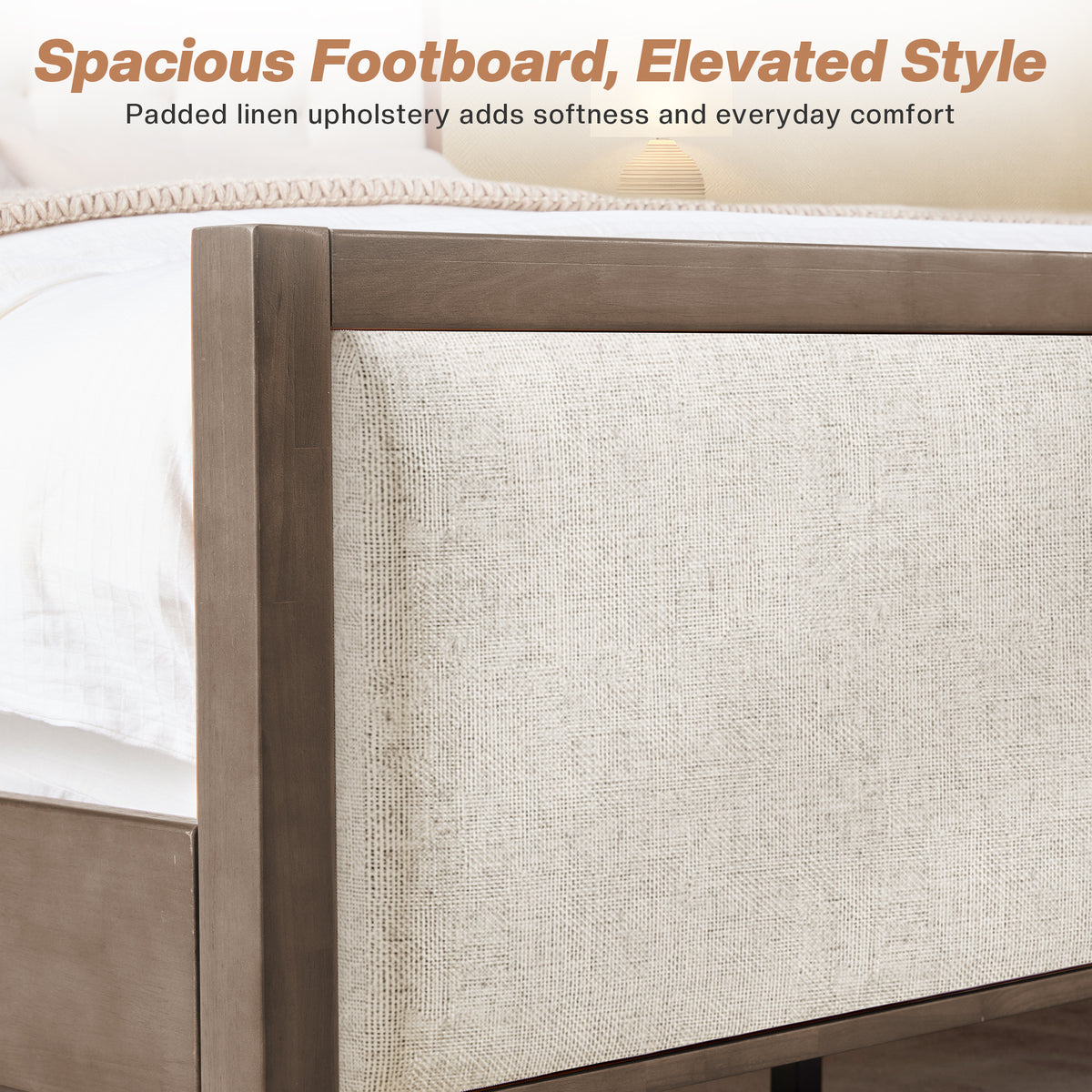 Jocisland Solid Wood Bed Frame 50" Tall Headboard&Footboard | Linen Upholstered Headboard，Mid-Century Modern Style，Noise-Free Sleep，No Box Spring Needed，Easy Assembly 45mins