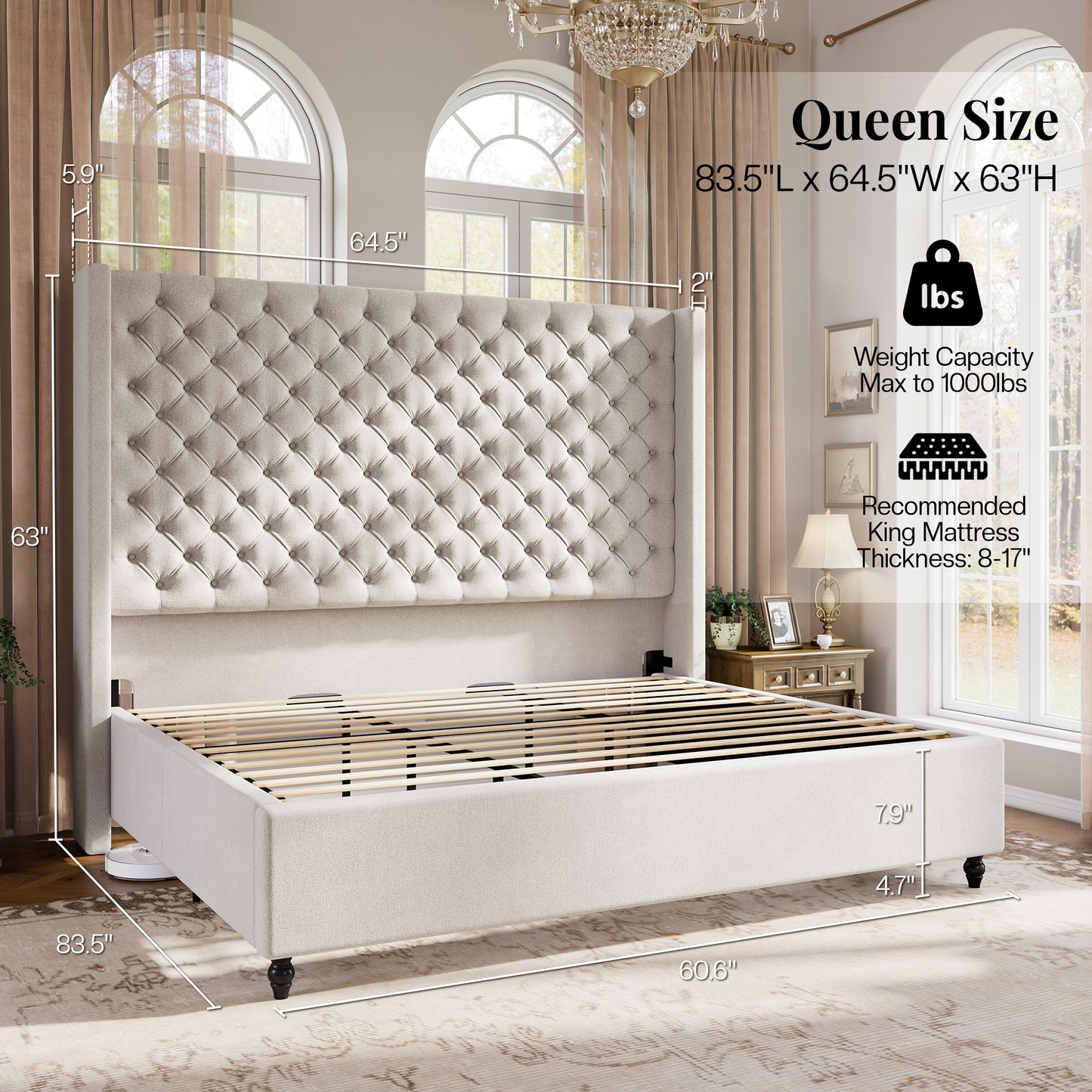 Jocisland Bed Frame with Tall Headboard, Upholstered Wingback Platform Design, Handcrafted Pleats & Deep Button Tufted, Solid Wood Legs, No Box Spring Needed
