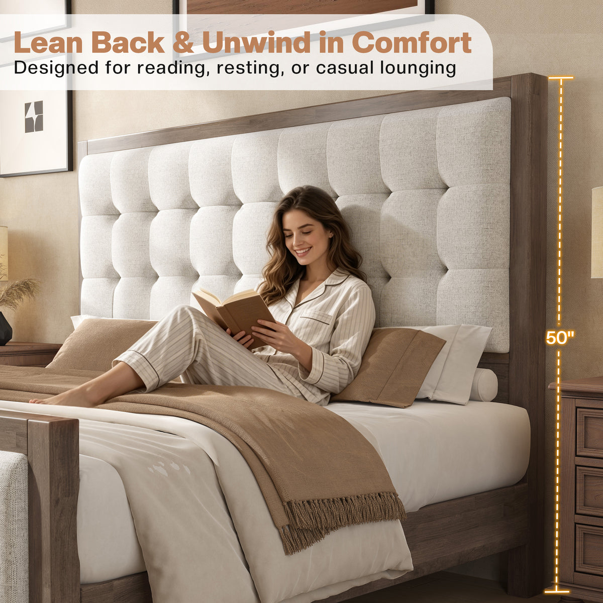 Jocisland Solid Wood Bed Frame 50" Tall Headboard&Footboard | Linen Upholstered Headboard，Mid-Century Modern Style，Noise-Free Sleep，No Box Spring Needed，Easy Assembly 45mins