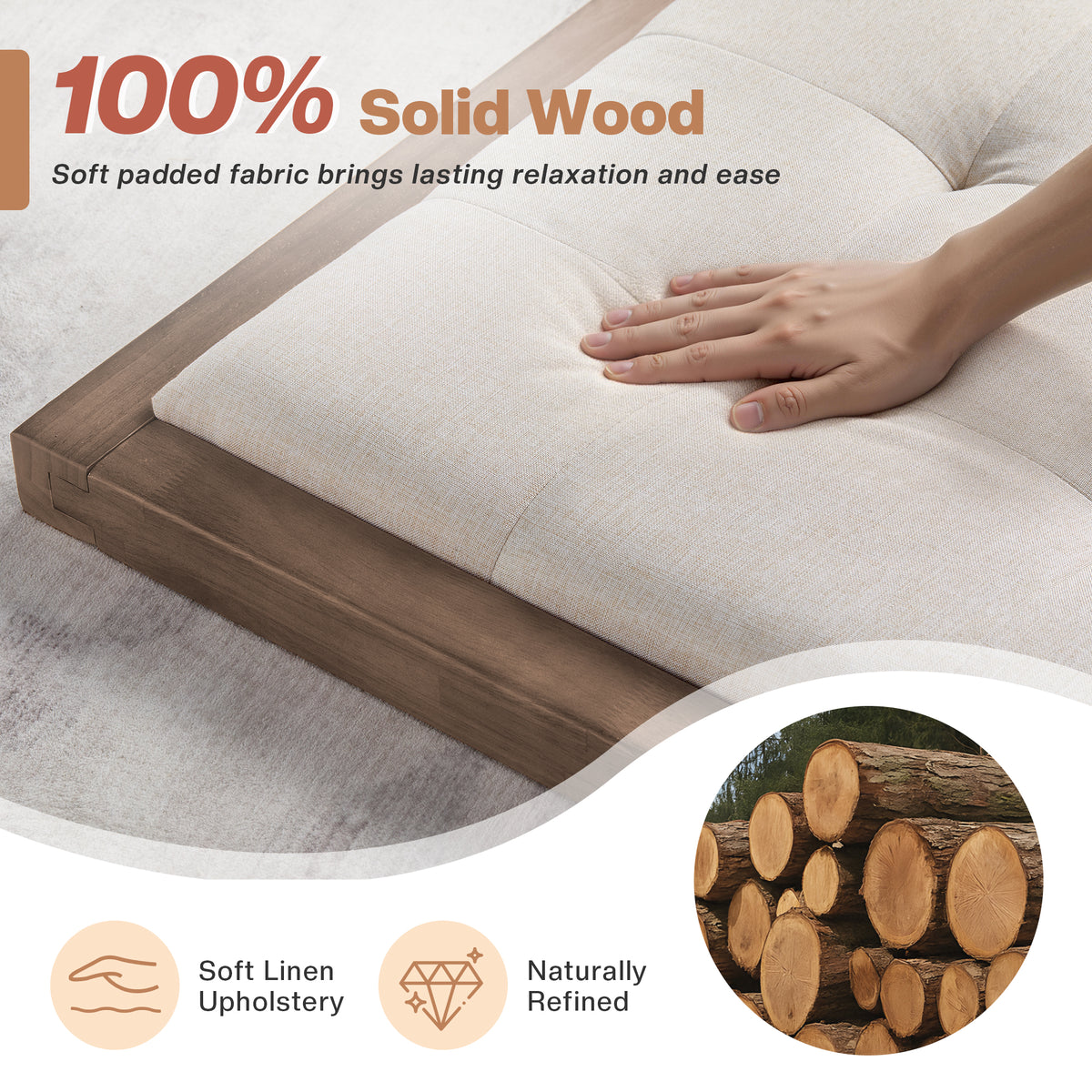 Jocisland Solid Wood Bed Frame 50" Tall Headboard&Footboard | Linen Upholstered Headboard，Mid-Century Modern Style，Noise-Free Sleep，No Box Spring Needed，Easy Assembly 45mins
