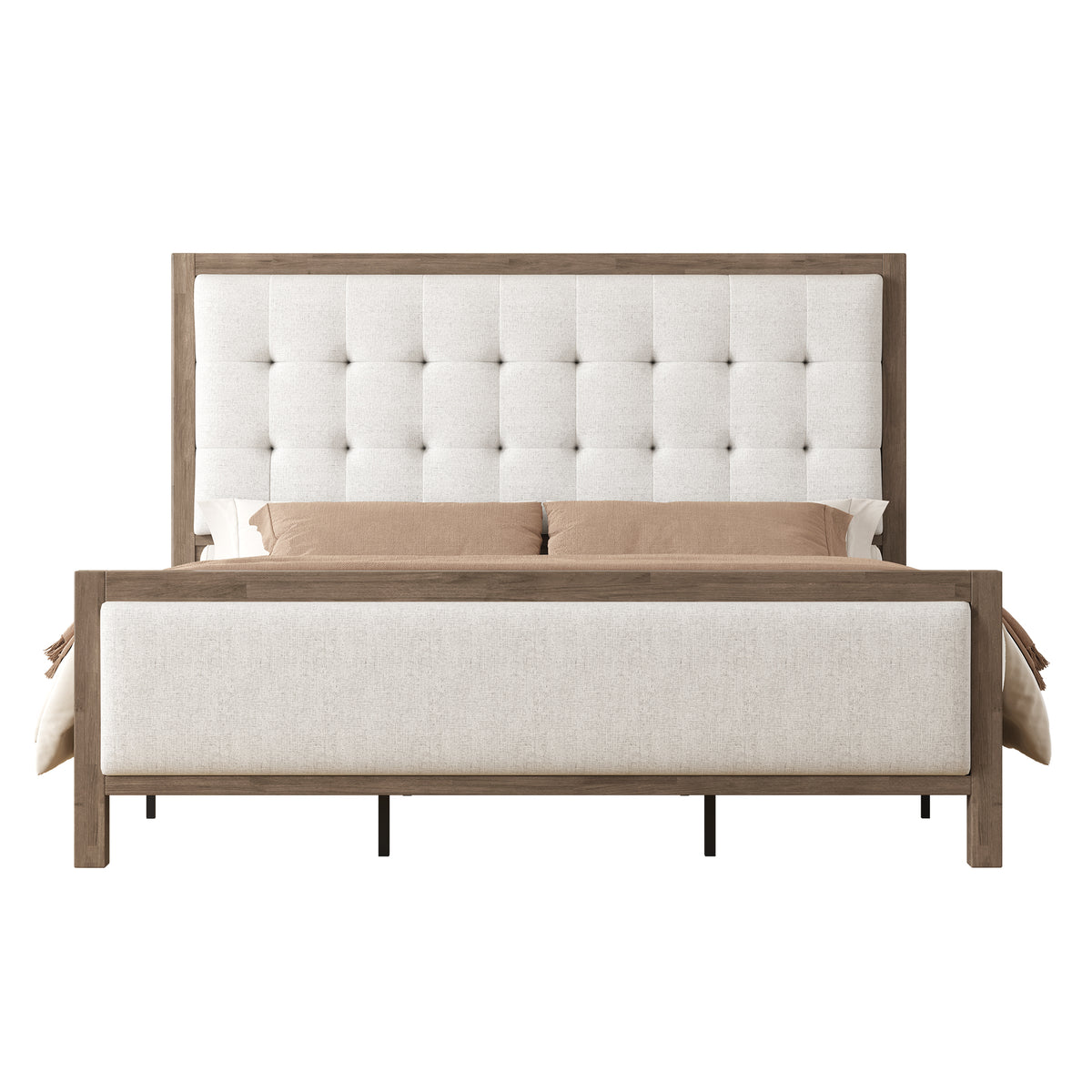 Jocisland Solid Wood Bed Frame 50" Tall Headboard&Footboard | Linen Upholstered Headboard，Mid-Century Modern Style，Noise-Free Sleep，No Box Spring Needed，Easy Assembly 45mins