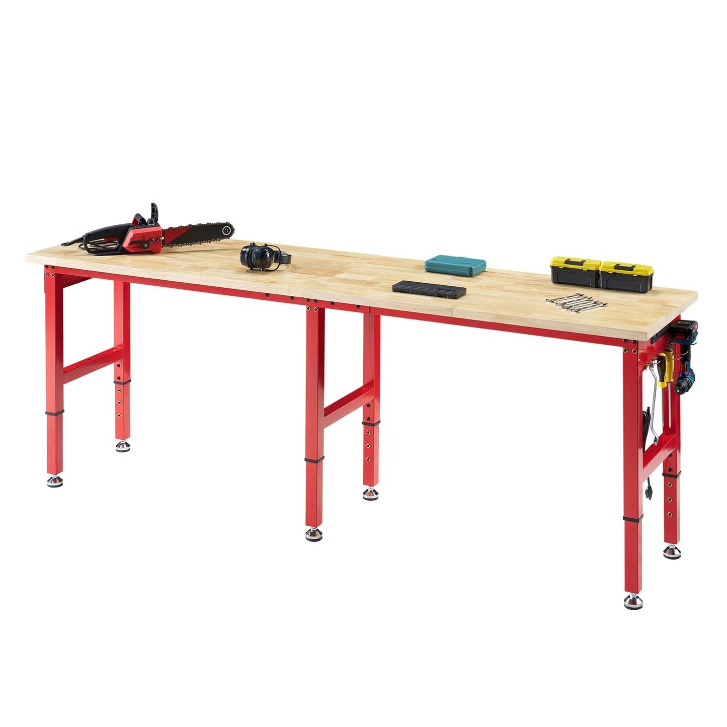 GLITSTAR 84x24 In Adjustable Workbench with Power Outlets, 2000 LBs Heavy Duty Work Table with Solid Rubber Wood Top, Hooks, for Garage, Woodworking, Workshop, Home Office, Red