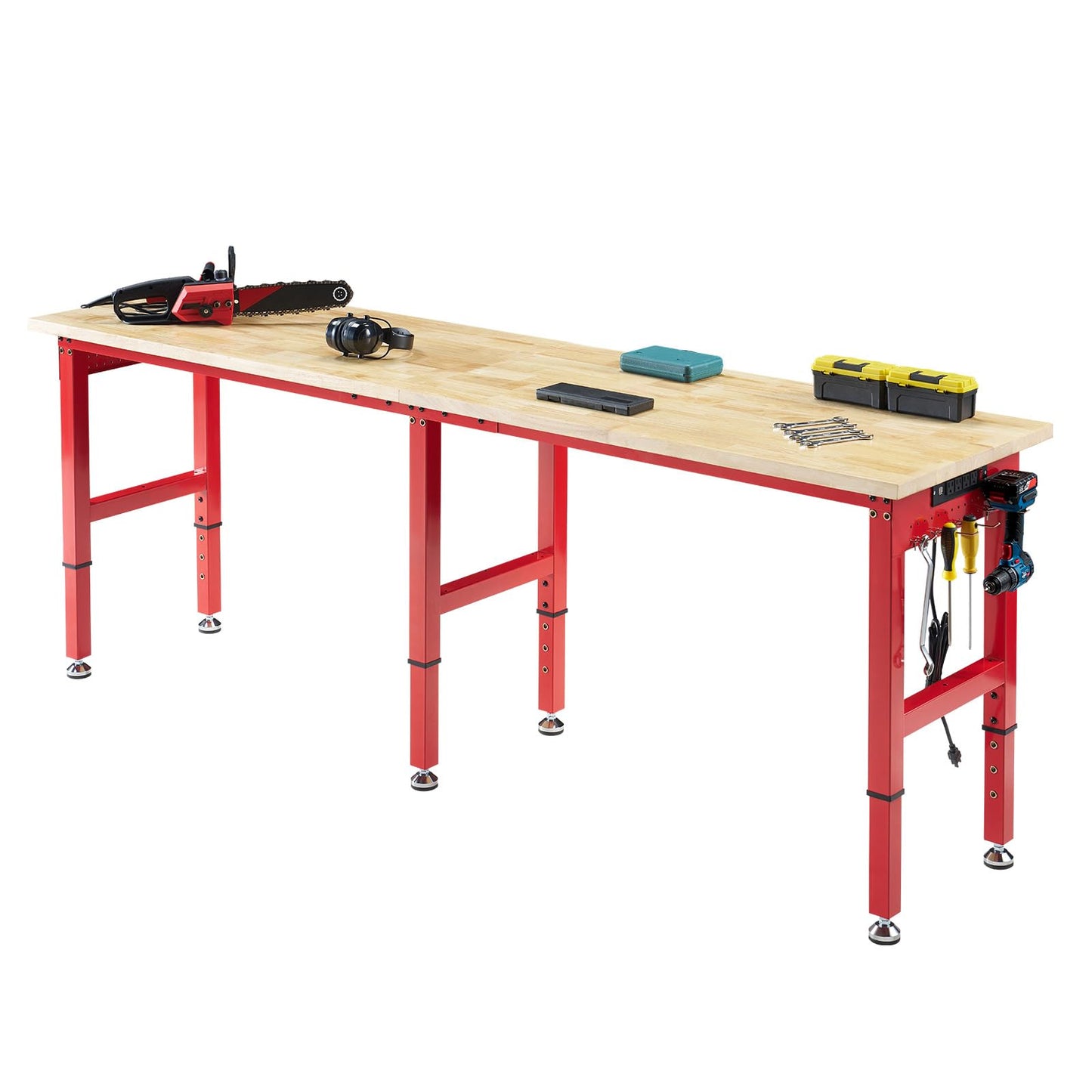 GLITSTAR 84x24 In Adjustable Workbench with Power Outlets, 2000 LBs Heavy Duty Work Table with Solid Rubber Wood Top, Hooks, for Garage, Woodworking, Workshop, Home Office, Red