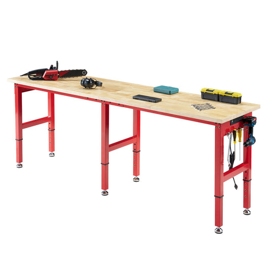 96x24 In Adjustable Workbench with Power Outlets, 2000 LBs Heavy Duty Work Table with Solid Rubber Wood Top,Hooks, for Garage,Woodworking, Home Office, Workshop, Red