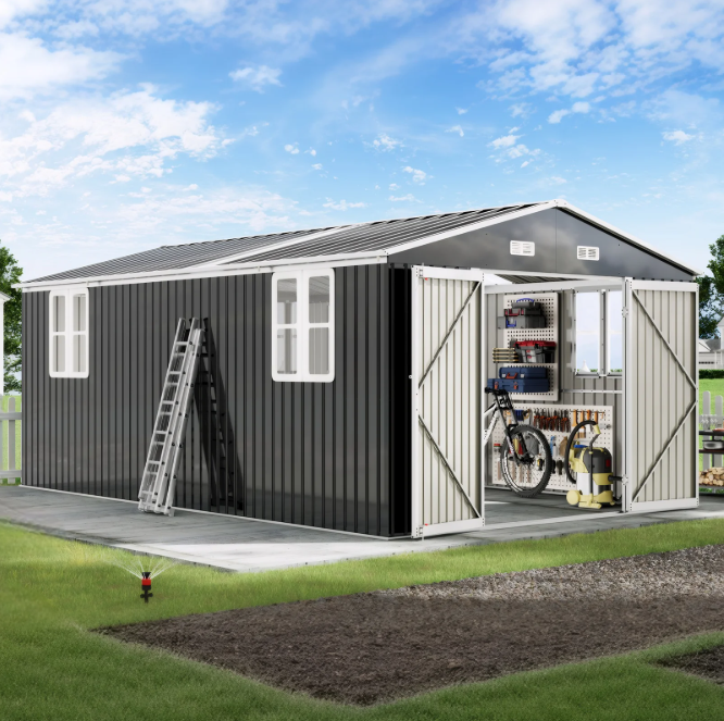 Jocisland 10x12x7 FT Galvanized Steel Storage Shed with 2 4-Pane Windows Hinged Double Doors, Outdoor Shed for Backyard, Garden, Garden, Dark Grey/White