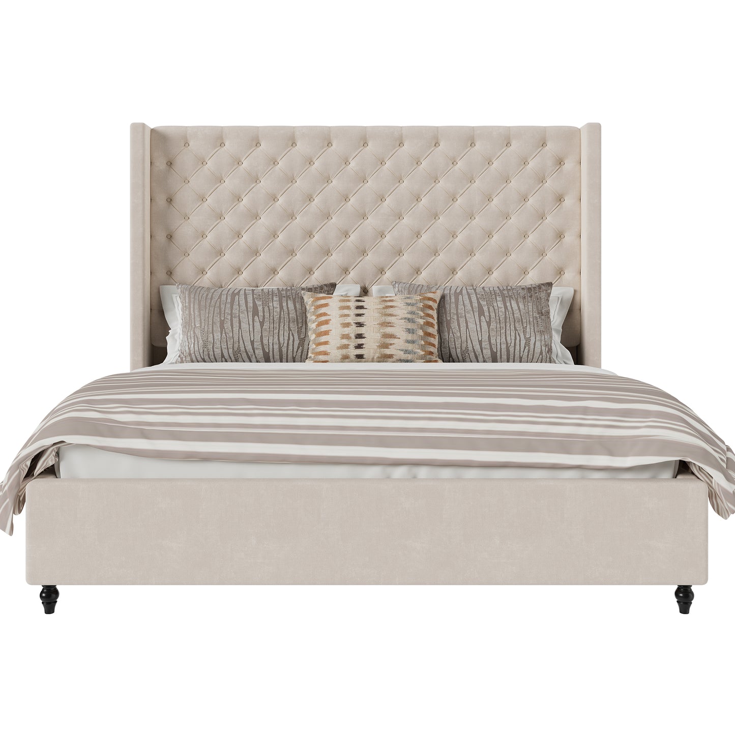 Jocisland Bed Frame with Tall Headboard, Upholstered Wingback Platform Design, Handcrafted Pleats & Deep Button Tufted, Solid Wood Legs, No Box Spring Needed