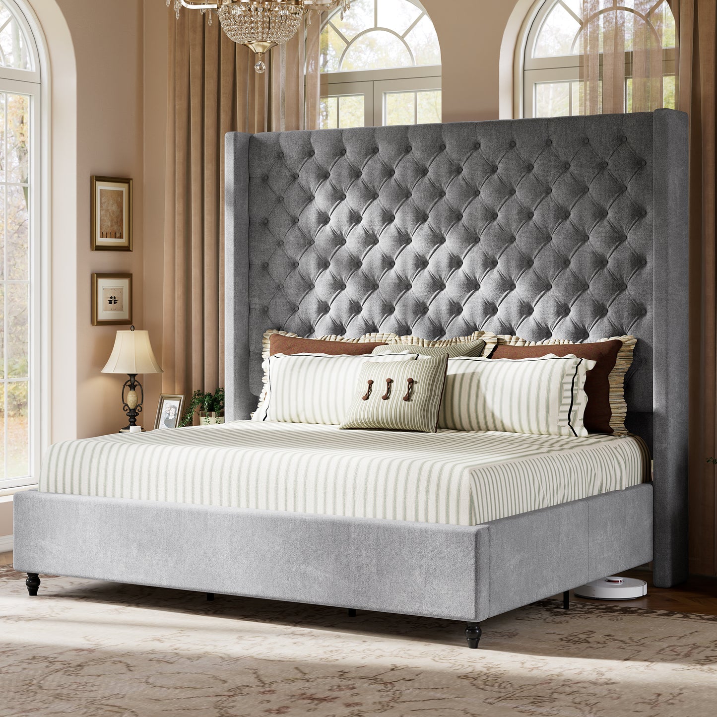 Jocisland Bed Frame with Tall Headboard, Upholstered Wingback Platform Design, Handcrafted Pleats & Deep Button Tufted, Solid Wood Legs, No Box Spring Needed