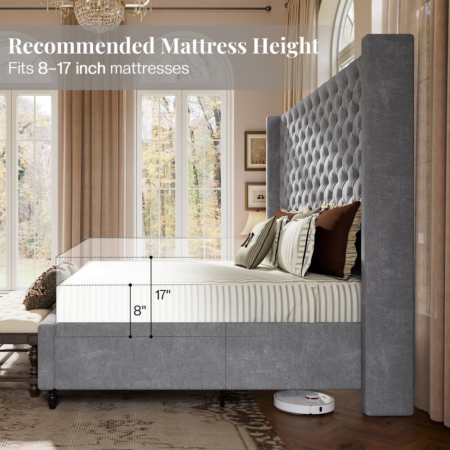 Jocisland Bed Frame with Tall Headboard, Upholstered Wingback Platform Design, Handcrafted Pleats & Deep Button Tufted, Solid Wood Legs, No Box Spring Needed