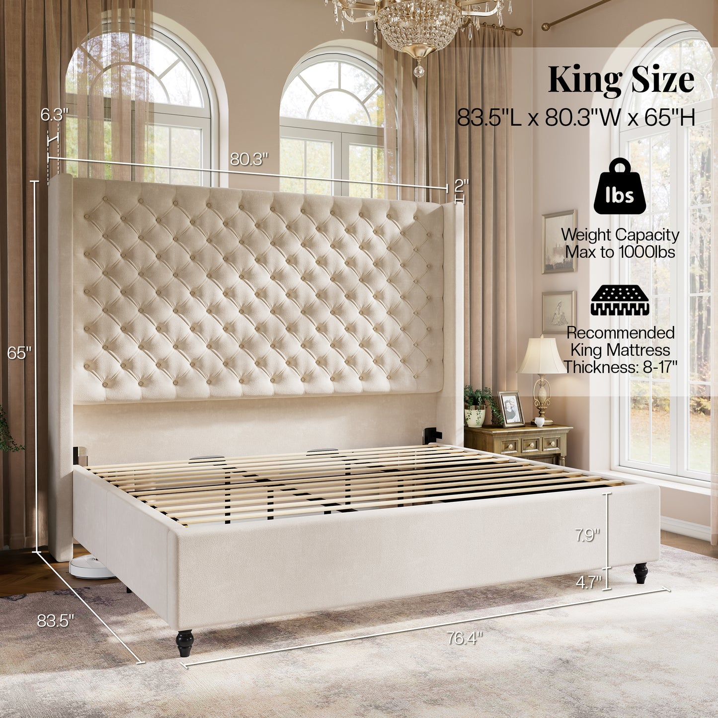 Jocisland Bed Frame with Tall Headboard, Upholstered Wingback Platform Design, Handcrafted Pleats & Deep Button Tufted, Solid Wood Legs, No Box Spring Needed