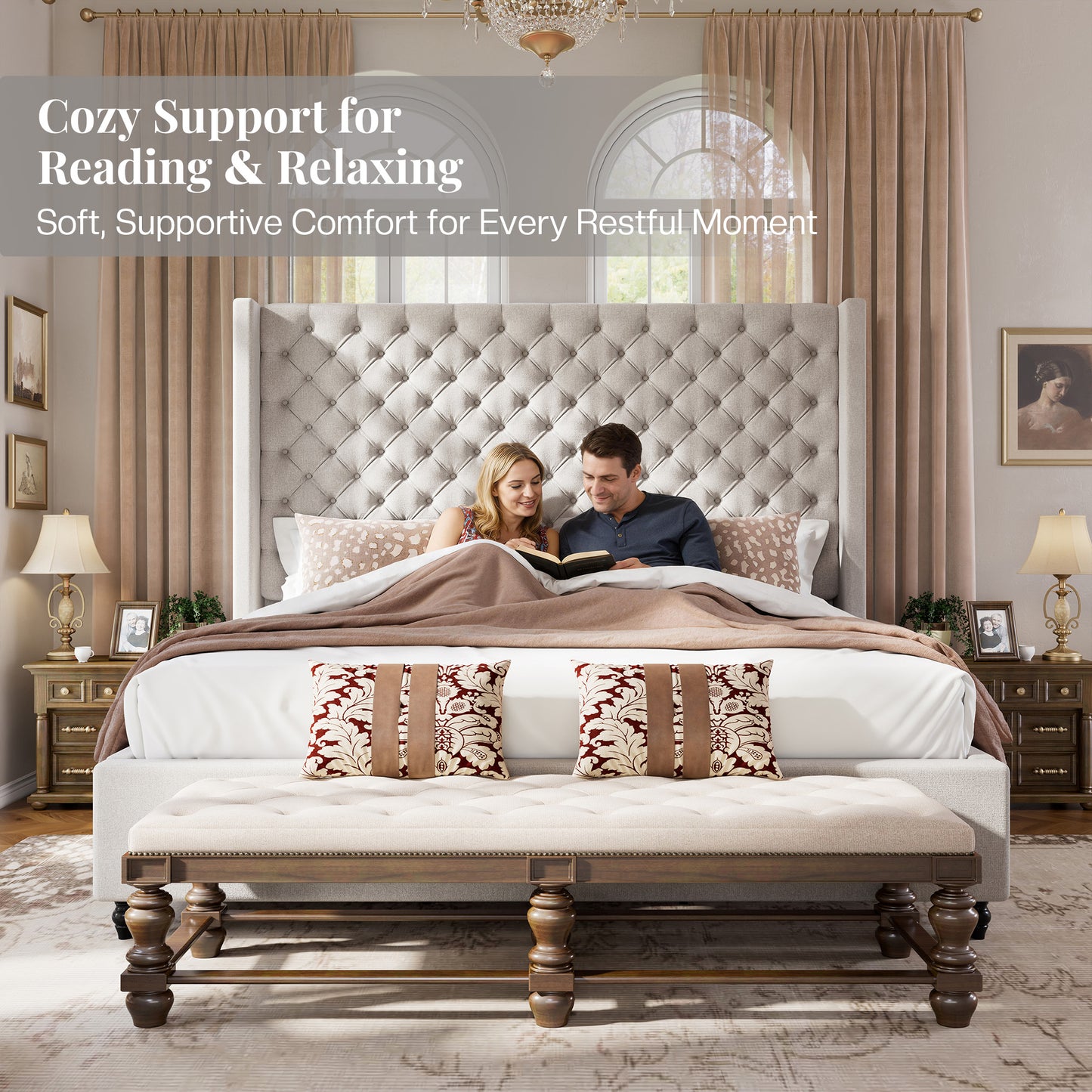 Jocisland Bed Frame with Tall Headboard, Upholstered Wingback Platform Design, Handcrafted Pleats & Deep Button Tufted, Solid Wood Legs, No Box Spring Needed
