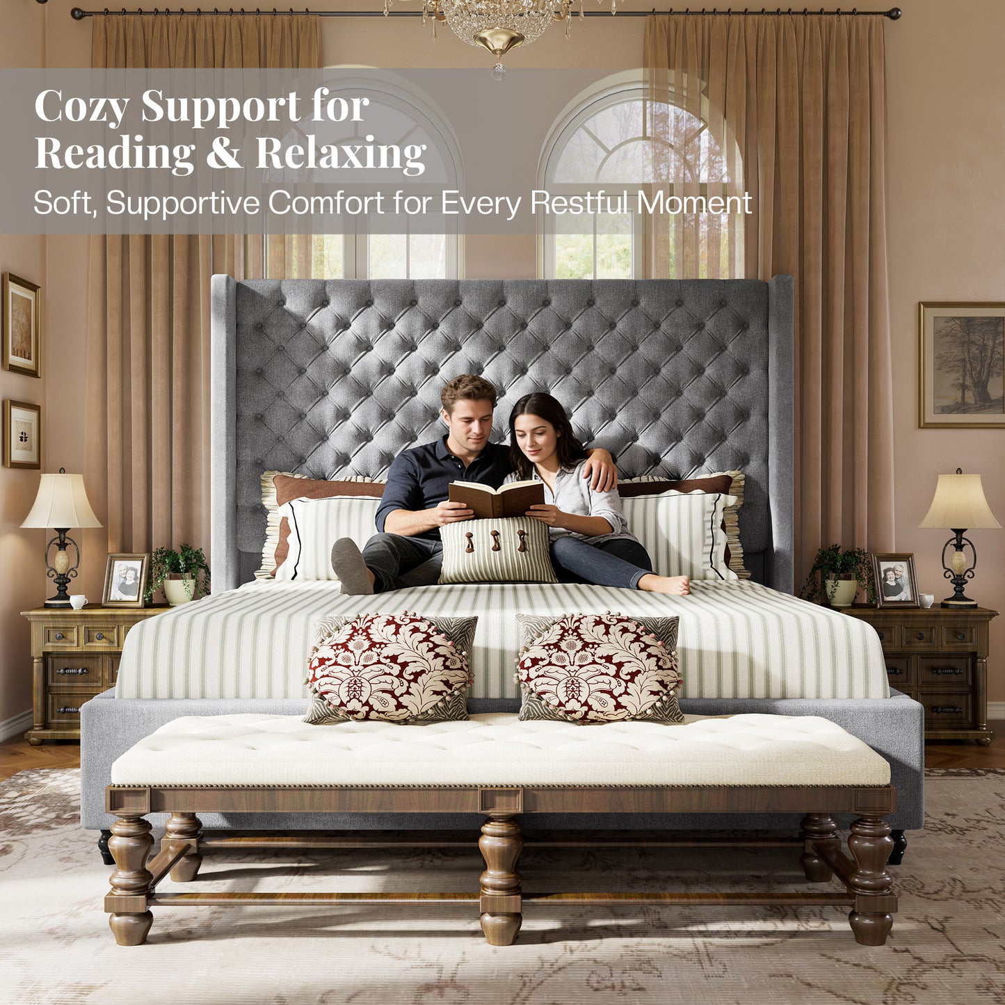 Jocisland Bed Frame with Tall Headboard, Upholstered Wingback Platform Design, Handcrafted Pleats & Deep Button Tufted, Solid Wood Legs, No Box Spring Needed